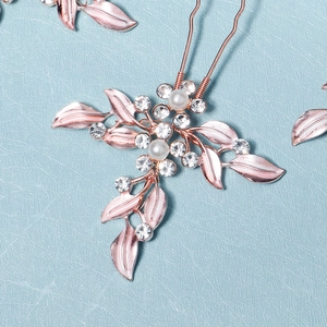 Épingle à cheveux de mariée or rose avec strass, feuilles en alliage et perles