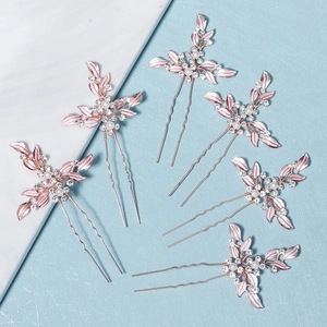 Lot de 6 épingles à cheveux de mariage en or rose avec perles blanches et strass