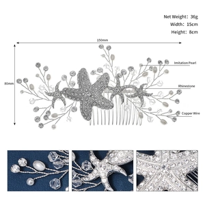 Detailed view of the starfish hair comb with rhinestones, pearls and 15x8cm dimensions