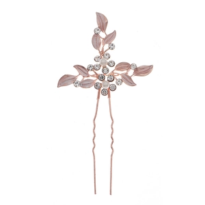 Épingle à cheveux mariée or rose avec feuilles émaillées roses, strass et perles blanches