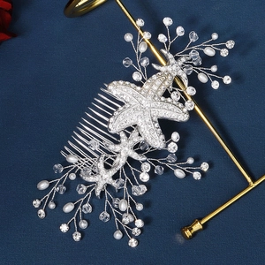 Handmade starfish hair comb with crystal pearls and rhinestones for bridal hairstyle