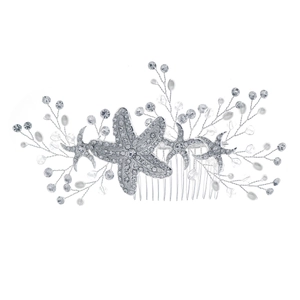 Elegant starfish hair comb with silver alloy, rhinestones and pearls for bridal hairstyles