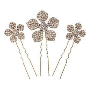 Dreiteiliges Set eleganter goldener Blumen-Haarnadeln mit funkelnden Strasssteinen