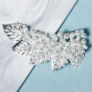 Elegant Alloy Leaf Hair Clip With Faux Artificial Pearls Crystals Handcrafted Floral Side Clip Bridal Wedding Party Hair Accessory