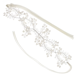Elegant handmade bridal headband with silver wire vine, white beads, and silk ribbons