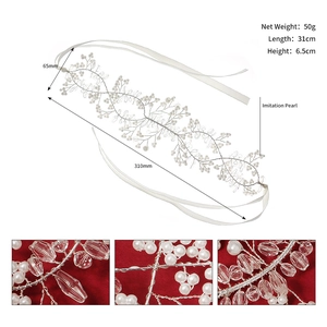 Detailed view of handmade bridal headband with pearls, crystals and ribbon showing 31cm length