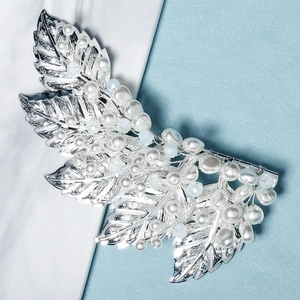 Elegant silver leaf hair clip with white pearls and blue beads for wedding party