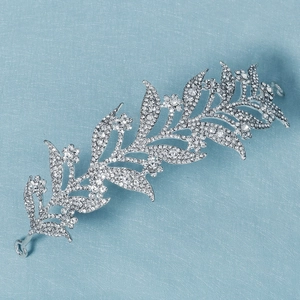 Elegant silver bridal headband with crystal floral leaves and shimmering rhinestones