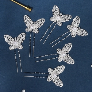 Lot de six épingles à cheveux papillon argentées avec filigrane et perles fines