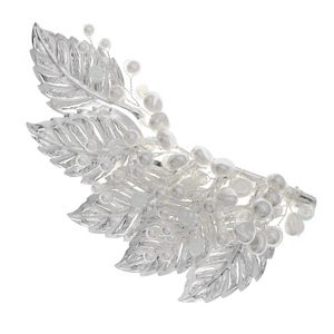 Silver leaf hair clip with white pearls and crystals on a minimalist white background