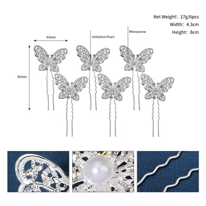 Vue détaillée de 6 épingles à cheveux papillon argentées avec perles et strass