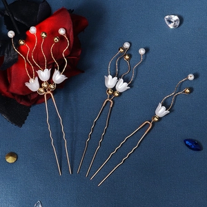 Handgefertigte Maiglöckchen Haarstab Set Gold Metalldraht Künstliche Perle U Förmige Blumige Haarnadeln Für Hanfu Hochzeit Haarschmuck