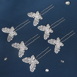Lot de 6 épingles à cheveux papillon argentées avec perles et design de fourche en métal en U