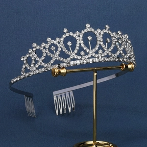 Elegant silver bridal tiara with heart-shaped crystal rhinestones and side combs