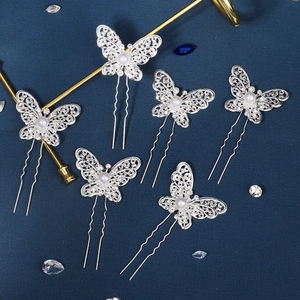 Lot de 6 épingles à cheveux papillon argentées avec ailes évidées, perles et cristaux