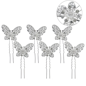 Lot de 6 épingles à cheveux papillon argentées avec strass brillants et perles