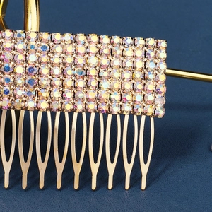 Luxurious bridal hair comb with five rows of iridescent AB rhinestones and gold-plated finish