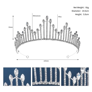 Détails de la couronne en strass argenté montrant le poids 81g et diamètre 14,5cm