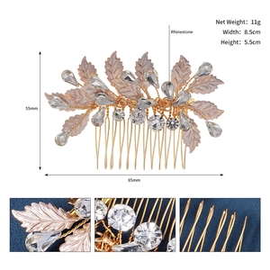 Detailed view of champagne leaf hair comb with rhinestone accents and dimensions