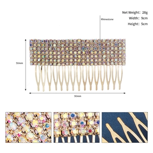 Detailed size and weight specs of the 90x50mm iridescent rhinestone hair comb