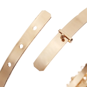 Macro shot of gold baroque crown metal belt buckle with adjustable holes for fit