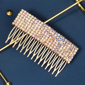 Sparkling colorful AB rhinestone hair comb with golden alloy base for bridal hairstyles