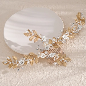 Luxury Handmade Bridal Hair Comb Alloy Leaf Rhinestone Artificial Pearl Flower Wedding Hair Accessories Women Party Elegant Headpiece