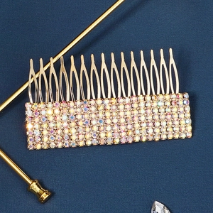Elegant gold metal hair comb with colorful rhinestones for bridal and stage hair styling