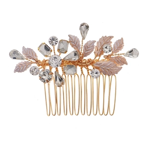 Elegant gold bridal hair comb with champagne leaves and crystal rhinestone details