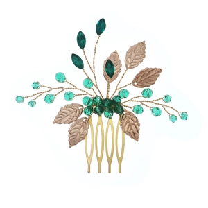 Vintage green crystal hair comb with gold metal leaves for bridal wedding hairstyles