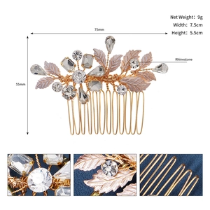Detail of handmade bridal hair comb with purple leaves and sparkling rhinestones