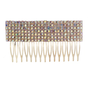 Golden bridal hair comb featuring ten rows of shimmering colorful AB rhinestones