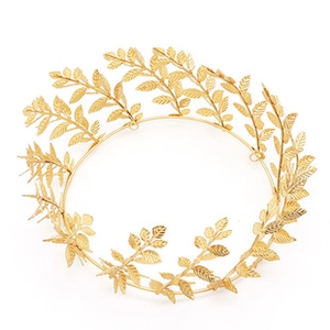 Detailed top view of gold laurel leaf crown with intricate metal textures and fixing loops