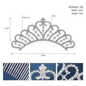 Detail view of rhinestone bridal hair comb showing 120mm width and 50mm height dimensions