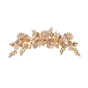 Elegant gold bridal hair comb with pearls, crystals and pink handmade clay flowers