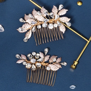 Vintage Bridal Wedding Hair Comb Alloy Leaf Rhinestone Hair Accessory For Women Gold Crystal Elegant Banquet Headpiece