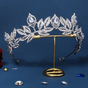 Baroque silver bridal tiara with leaf design and sparkling water drop rhinestones