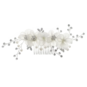 Peigne à cheveux de mariée fait main avec fleurs de gaze, perles et strass sur fil d'argent