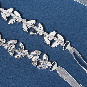 Luxurious silver bridal belt with marquise rhinestones and white organza ribbon ties