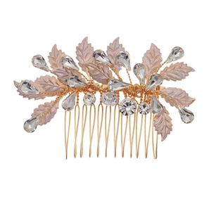 Golden bridal hair comb with pink leaf accents and sparkling crystal rhinestones decorations