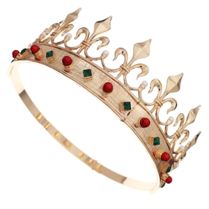 Baroque golden king crown with vintage gemstones and white pearls on white background
