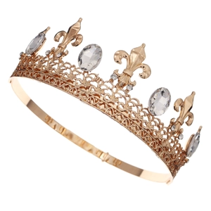 Baroque gold crown for men with fleur-de-lis design and clear sparkling crystals
