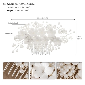 Detailed view of the white polymer clay flower and imitation pearl bridal hair comb dimensions