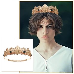 Baroque gold king crown with green gemstones for party costumes and stage performances