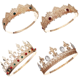 Golden Baroque king crown set with vintage alloy patterns and colorful gemstones