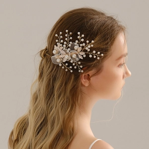 Handgefertigte Goldene Blatt Braut Haarspange Mit Imitationsperle Organza Weiße Blume Elegant Hochzeit Bankett Damen Haarschmuck