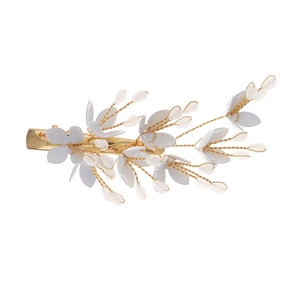 Elegant gold flower hair clip with white petals and crystal beads for bridal styling