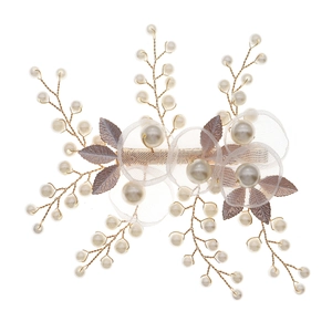 Eleganter Braut-Haarclip mit goldene Blätter, Perlen und weißen Netzblumen