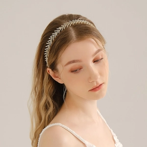 Bandeau de Mariée en Métal Style Coréen Chaîne Arête de Poisson Strass Ruban à Cheveux pour Mariage Fête Femme Or