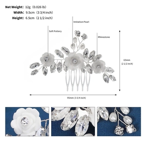 Macro detail of handmade bridal hair comb with soft clay flowers, pearls and rhinestones